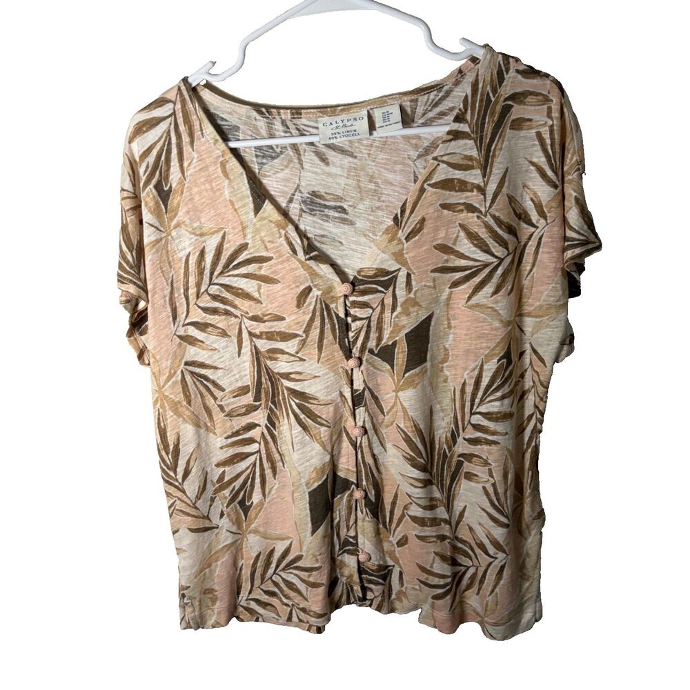 Calypso St Barth T-Shirt Women's Medium Floral Linen Blend Button Up Top
